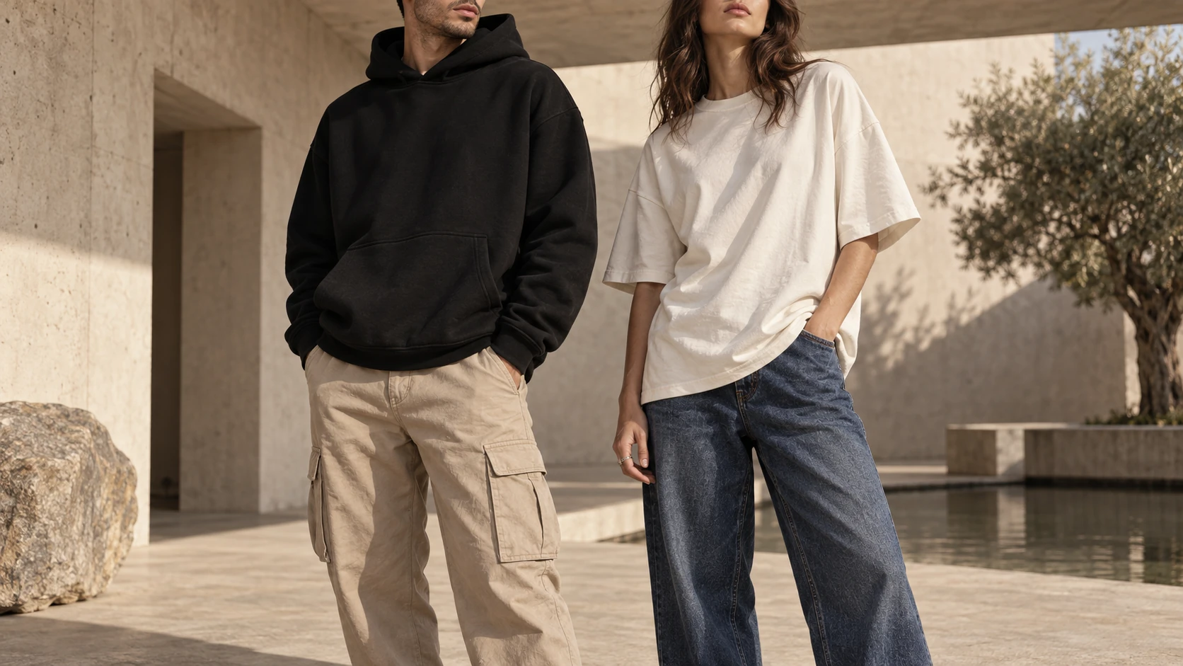 Colección de moda: hoodie negro, camiseta cruda y prendas de denim